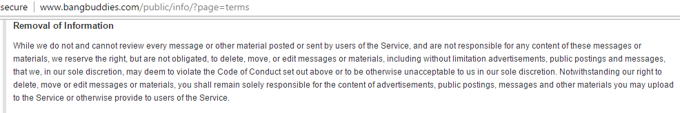 Bangbuddies.com - removal of information