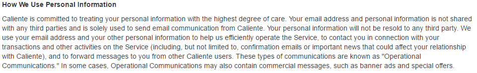 Caliente personal info sharing