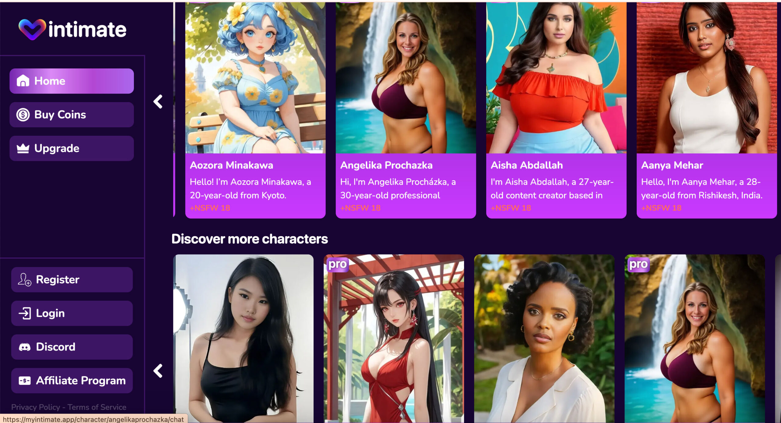 Image of the AI character options on Intimate including anime AI characters