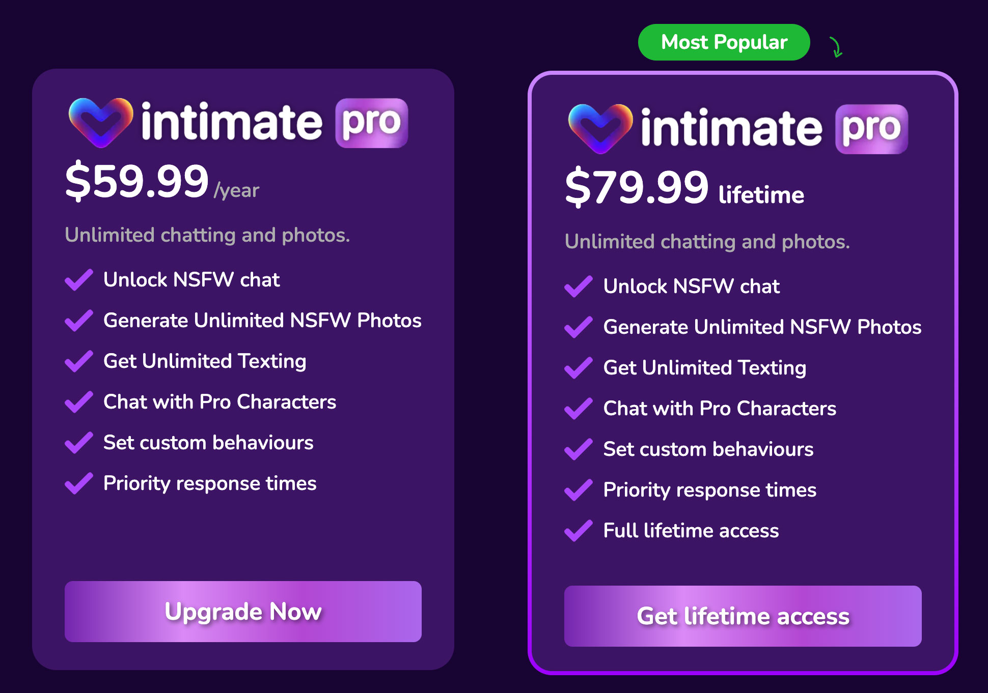 Pricing for Intimate Pro - $59.99/year or $79.99/lifetime